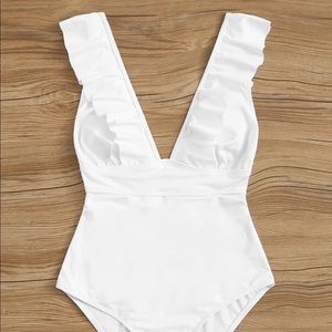 Ruffle trim lace up one piece swimsuit